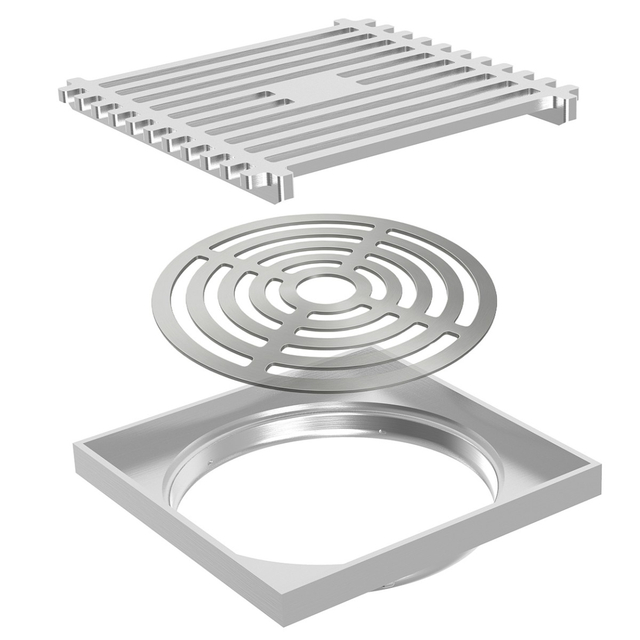 Exploded layout of vertical drains highlighting removable grate and filter core