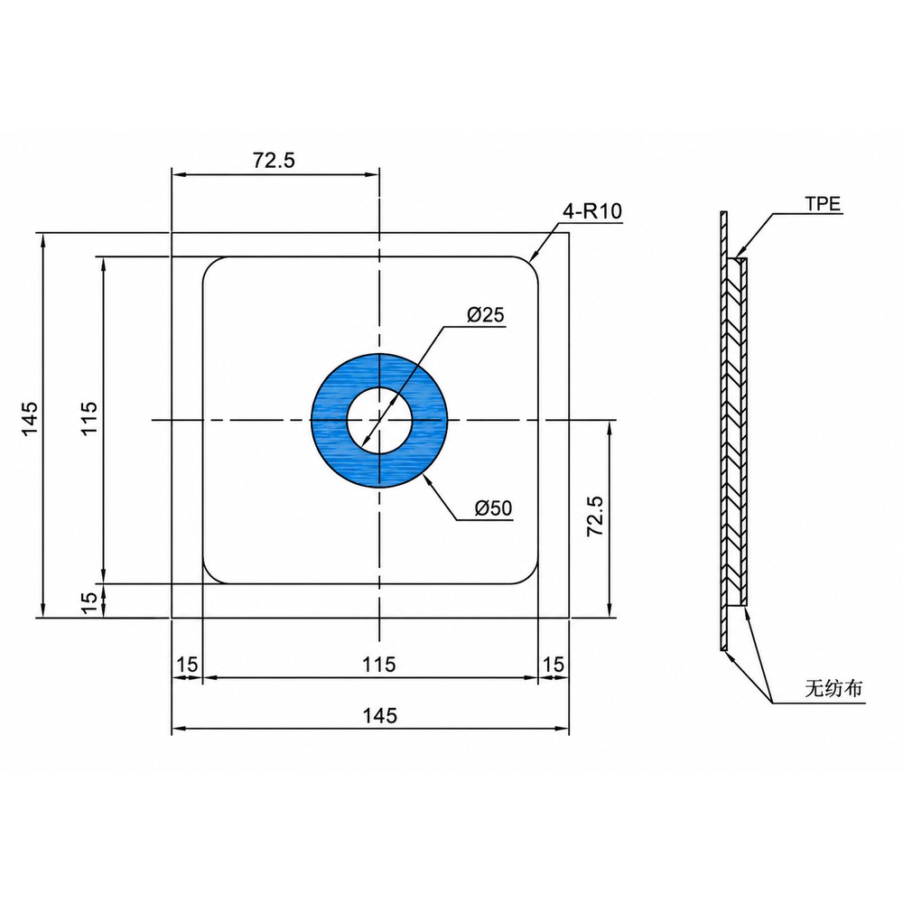Technical engineering blueprint dimensions for a 145x145mm waterproof seal with gasket
