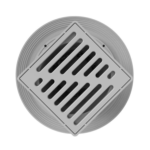 Top layout of modern shower drain featuring brushed stainless steel square grate pattern