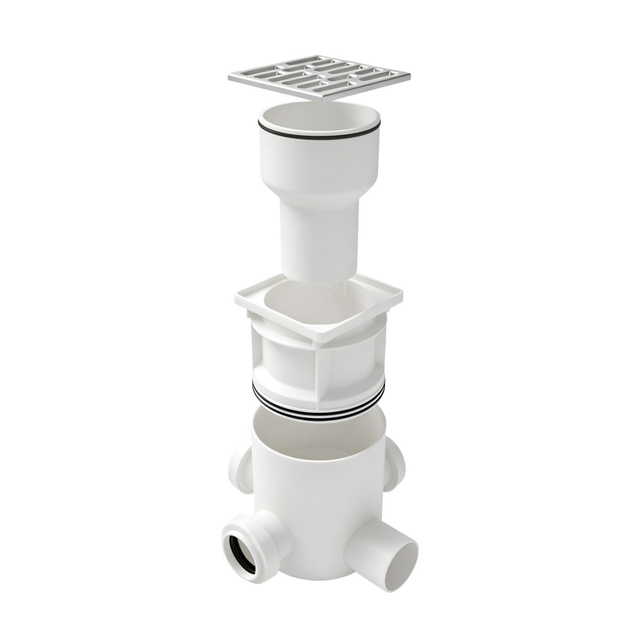 Bathroom shower drains exploded parts showing internal anti clog siphon