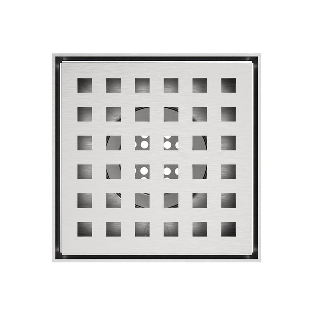 Top perspective of square floor drain with symmetric square hole grate pattern