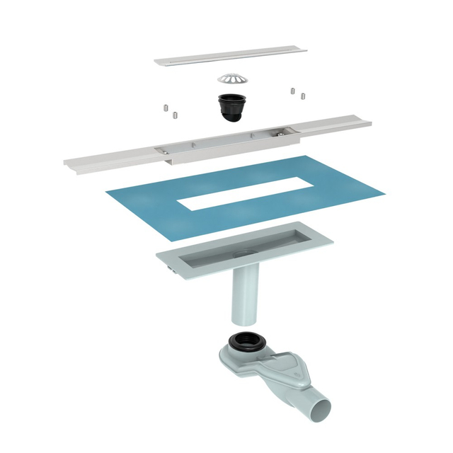 Exploded view of cuttable slim shower drain components
