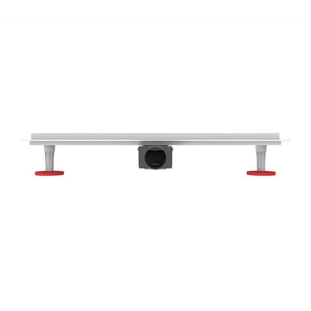 Stainless steel floor linear drain front elevation with adjustable red leveling feet and rotatable siphon connection