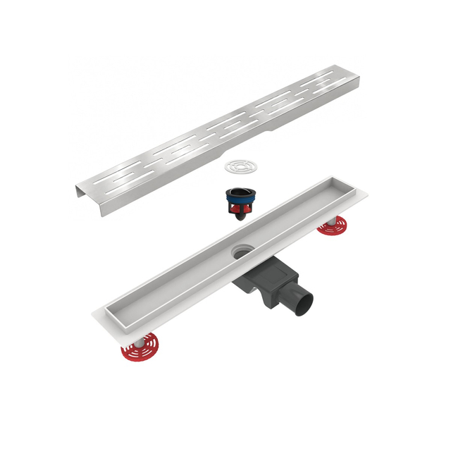 Exploded component diagram for shower linear drain systems featuring removable grate hair filter and anti odor trap siphon