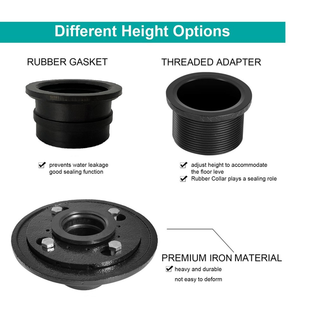 Cast iron shower drain base featuring rubber gasket and threaded adapter height options