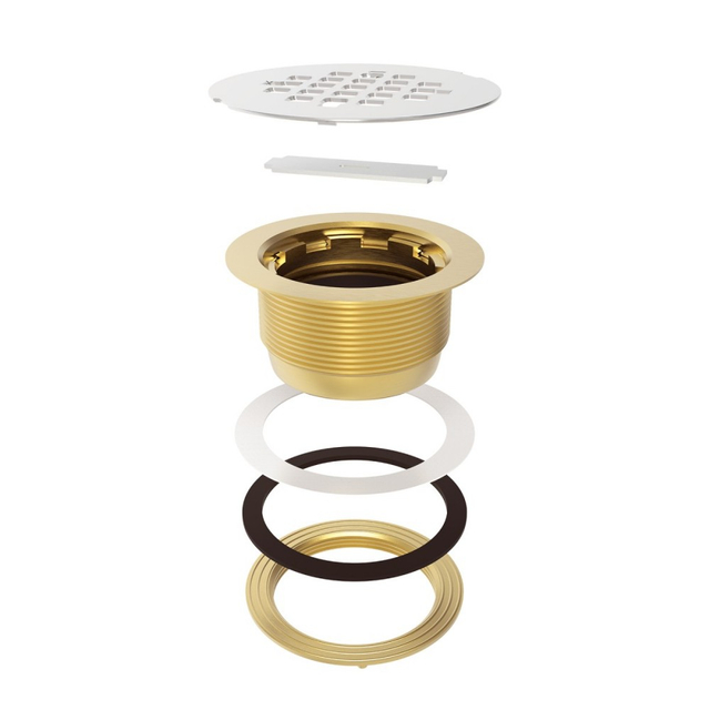 Exploded parts diagram of brass threaded shower drain with sealing rings and flange