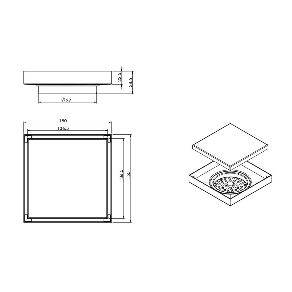 Technical dimensions and structural measurements for the vertical outlet shower drain
