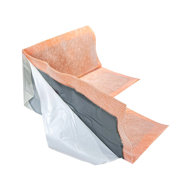 Preformed inside corner waterproofing tape with peel-off butyl adhesive liner