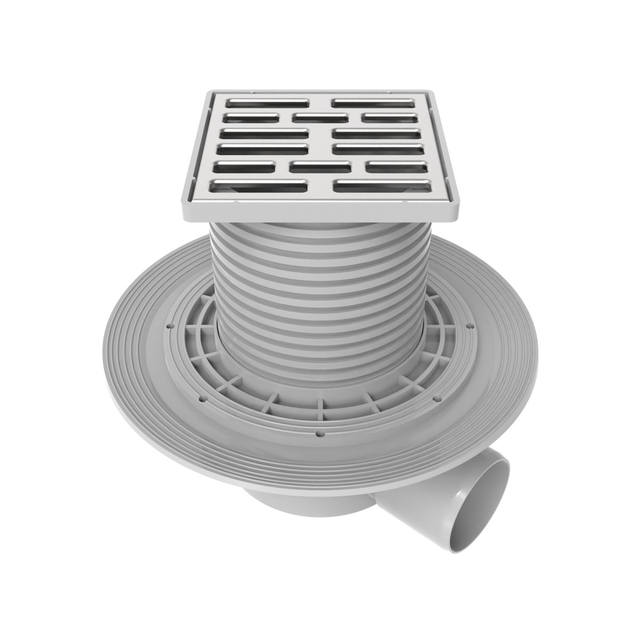 Adjustable-height bathroom floor drain with square stainless steel grate, wide circular flange and horizontal 50 mm outlet