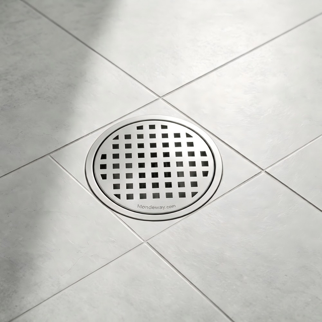 Seamlessly integrated round shower floor drain functioning as a stylish horizontal floor drain on grey bathroom tiles