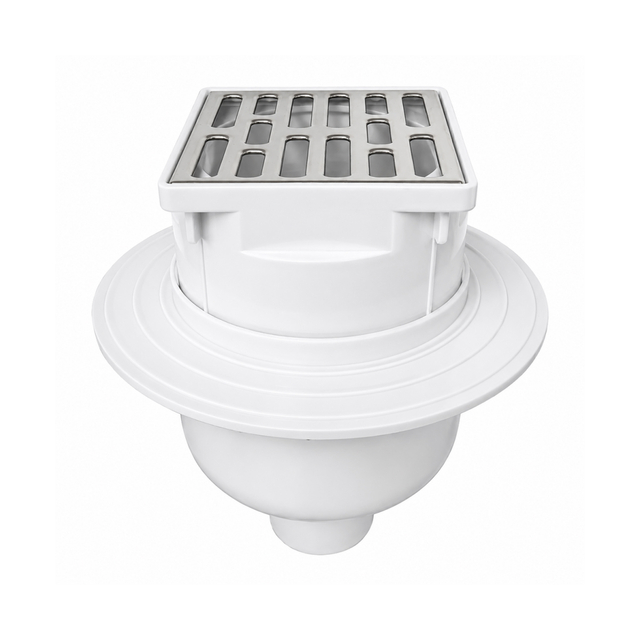 Complete PVC square drain for shower featuring a stainless steel top grate