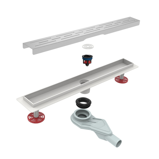 Exploded component breakdown of seamless bathroom drain displaying removable grate hair filter magnet trap and rotatable siphon