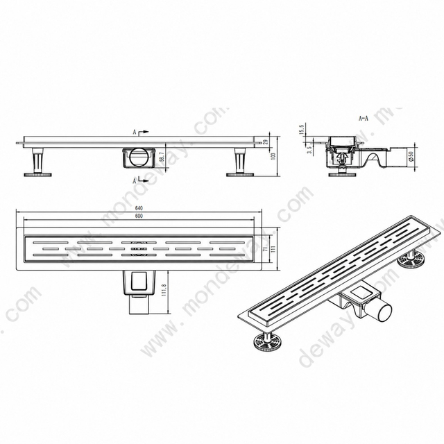 Technical engineering schematic diagram of shower linear drain systems showing 360 degree rotatable siphon dimensions