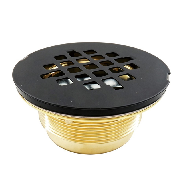 Matte black grate finish on brass threaded shower drain body