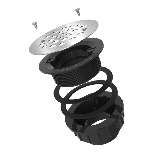 Component diagram of vertical round floor drain showing PVC housing, sealing rings, and SS304 cover