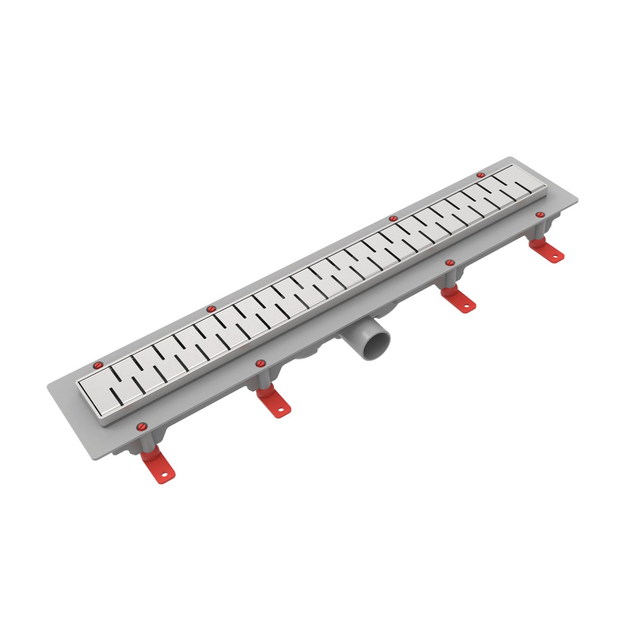 Plastic base linear drain with stainless steel grate and adjustable red leveling feet