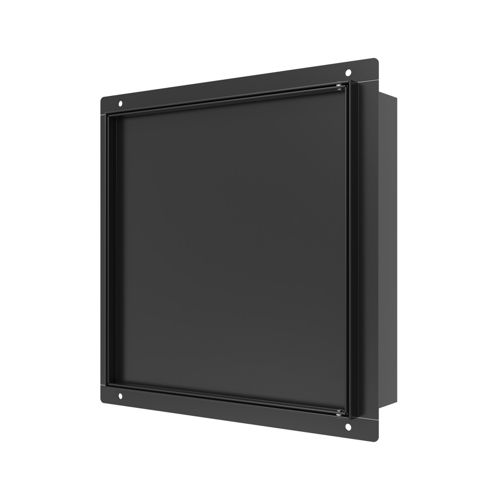 Angled profile of the matte black stainless steel shower niche highlighting the flush door and seamless flange