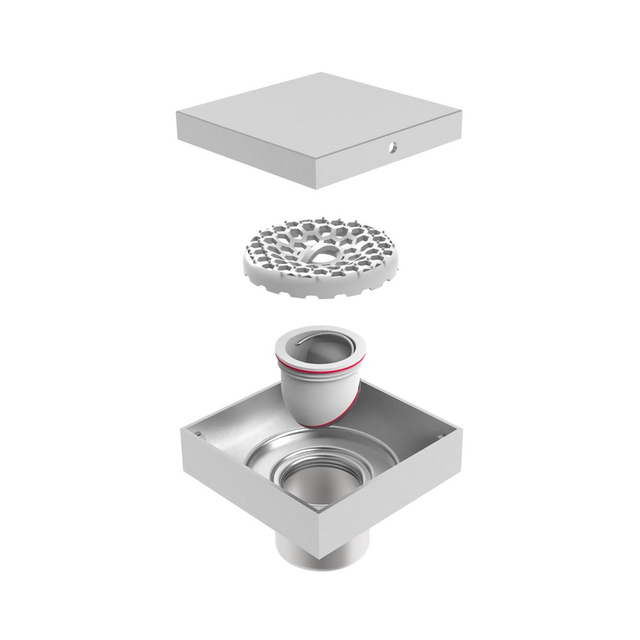Internal components of stainless steel square shower drain showing hair strainer and siphon
