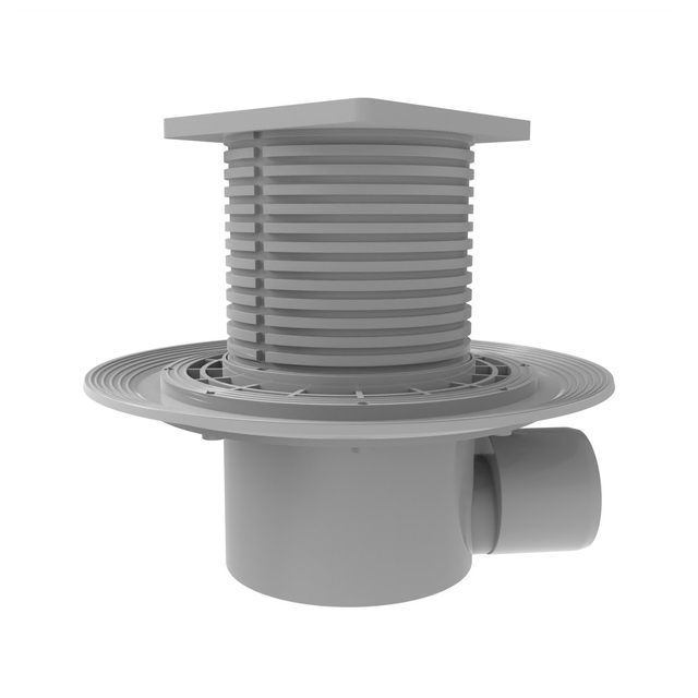 Horizontal Outlet Shower Drain with a cut-to-height threaded riser, wide tile flange and 50 mm side connection