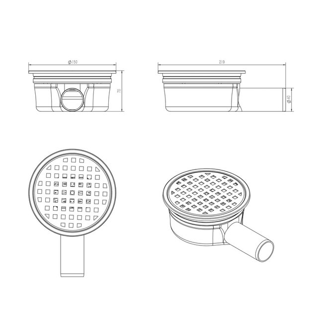Technical dimensions and size specifications for the round shower floor drain featuring a horizontal floor drain connection