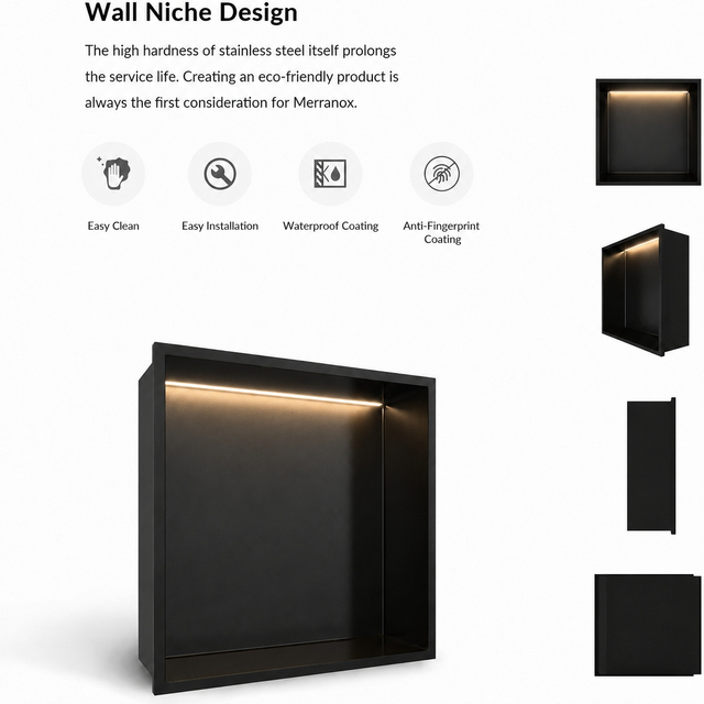 Performance benefits of square stainless steel shower niche highlighting anti-fingerprint coating and easy cleaning