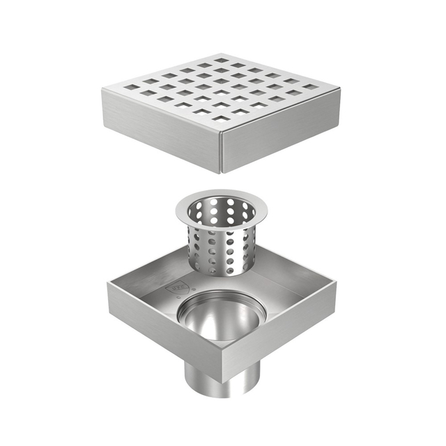 Exploded components of anti odor shower drain featuring a dry siphon system