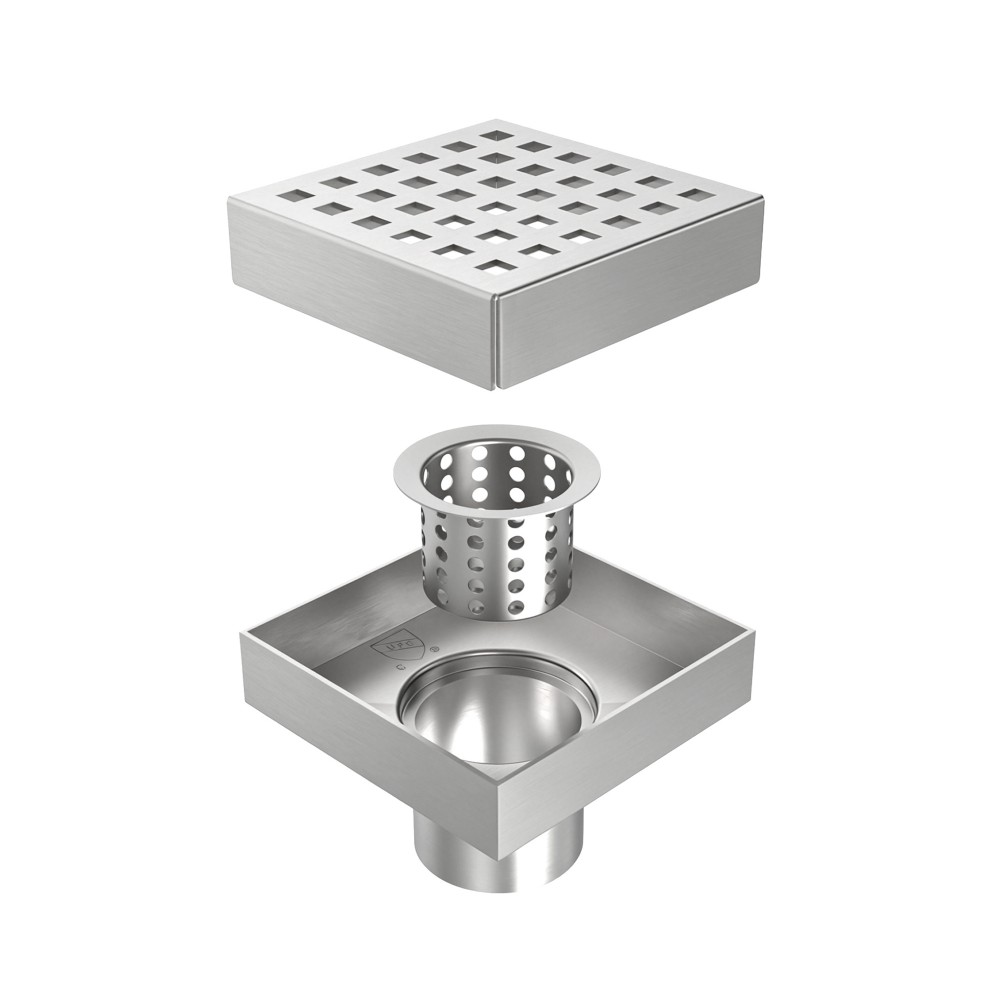 Exploded components of anti odor shower drain featuring a dry siphon system