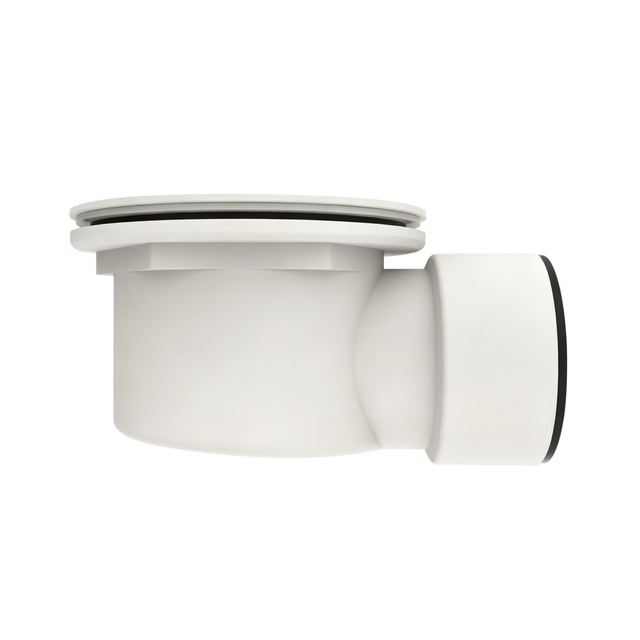 Side profile of low profile round shower floor drain showing horizontal outlet height