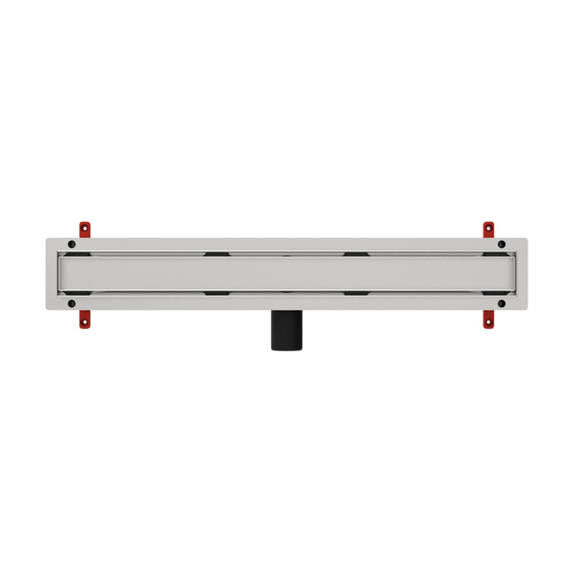 Top view of stainless steel linear drain base with integrated sealing flange