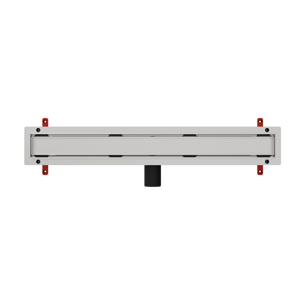 Top view of stainless steel linear drain base with integrated sealing flange