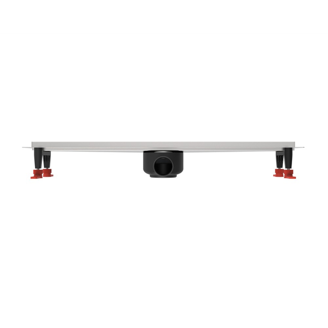 Front profile of adjustable height floor drain showing red leveling feet and outlet