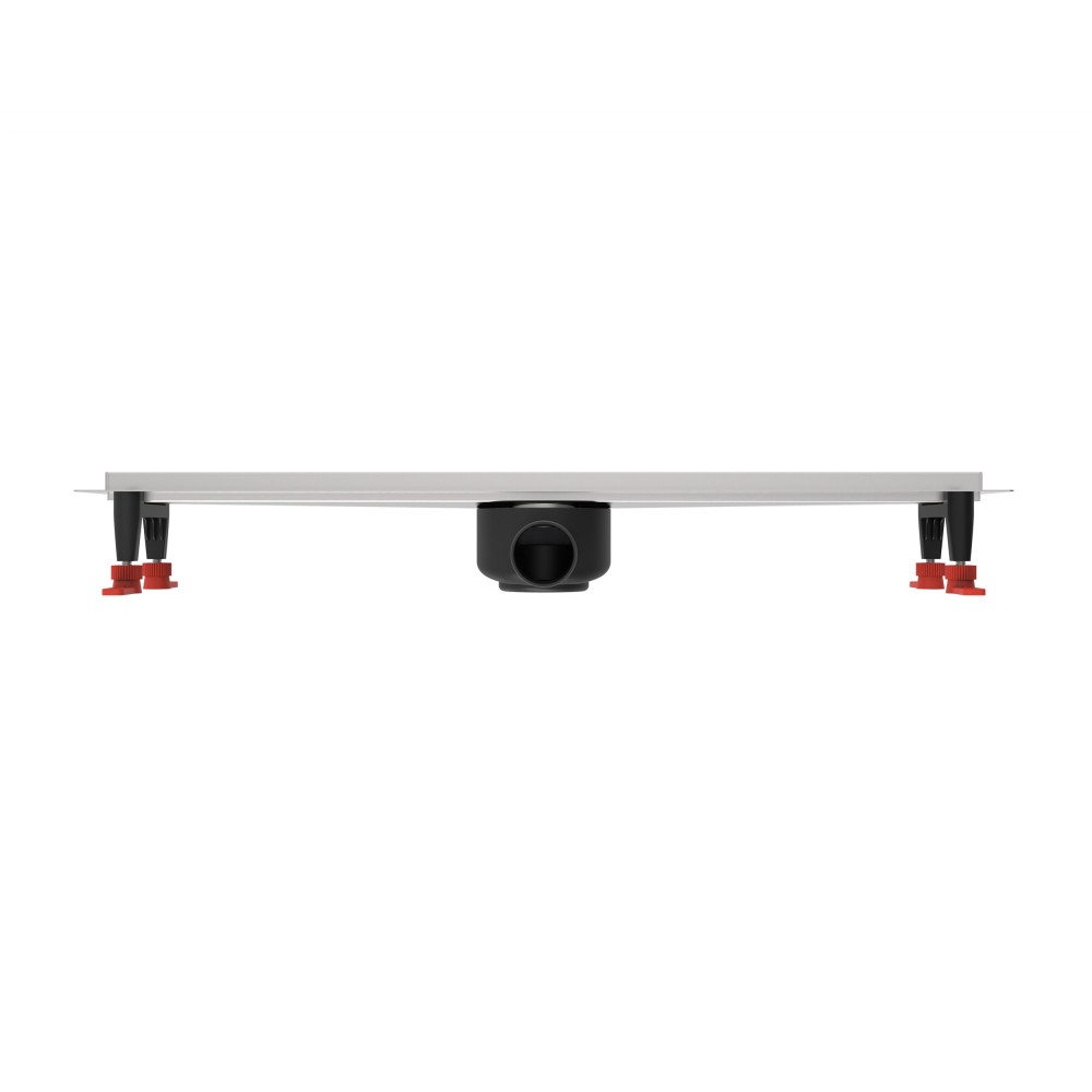Front profile of adjustable height floor drain showing red leveling feet and outlet