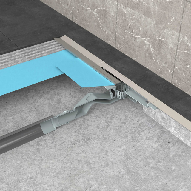 Cross section showing cuttable slim linear shower drain installation