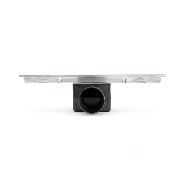 Front profile of hidden linear drain displaying stainless channel and black circular drainage outlet