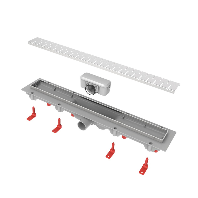 Exploded component layout of linear bathroom drain system showing removable odor trap and plastic channel