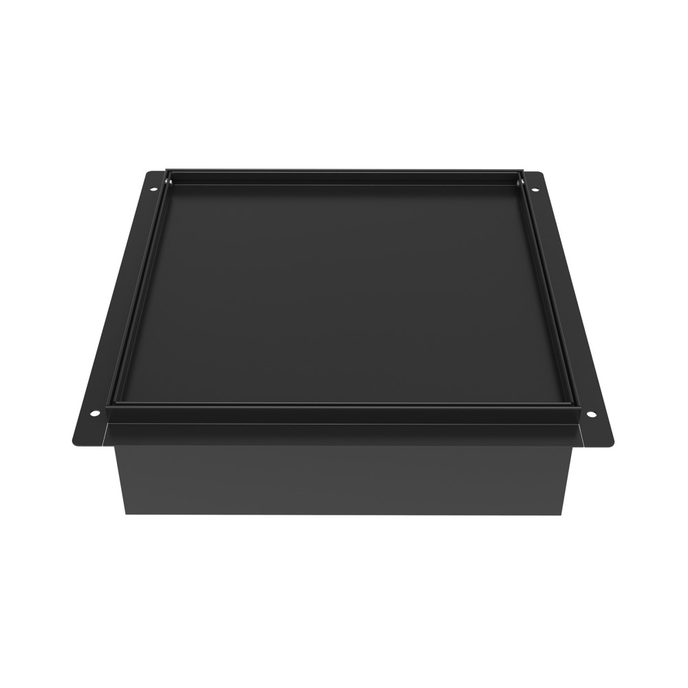 Matte black built in niche top angle highlighting the seamless edge and sleek frame