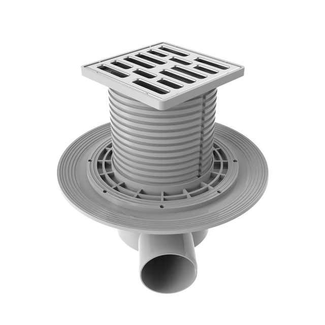 Square Horizontal Outlet Shower Drain with adjustable riser, brushed stainless steel grate, wide tile flange and 50 mm connection