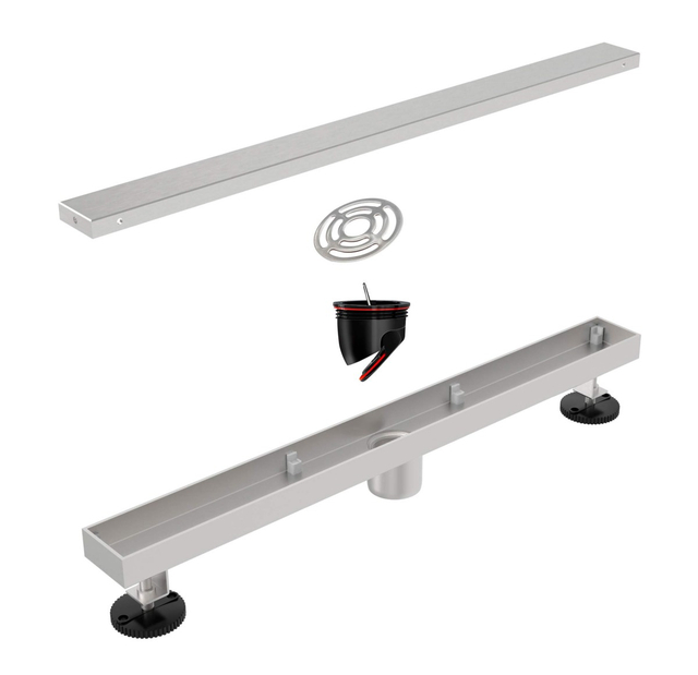 Linear shower drain tile insert exploded assembly including dry siphon hair filter channe