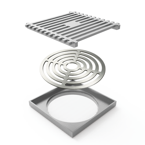 Exploded layout of vertical drains highlighting removable grate and filter core