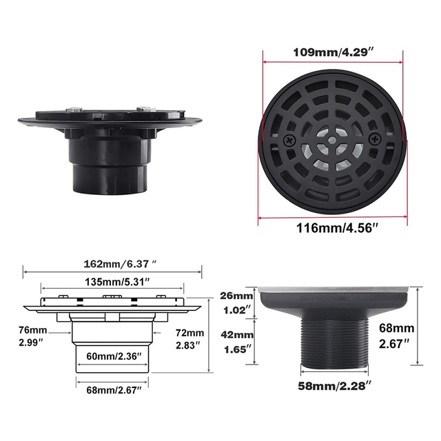 Technical size and dimension measurements for the round shower floor drain and base
