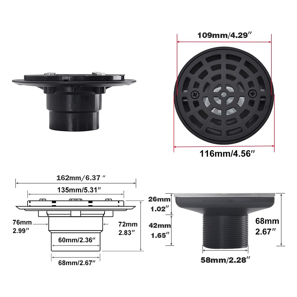 Technical size and dimension measurements for the round shower floor drain and base