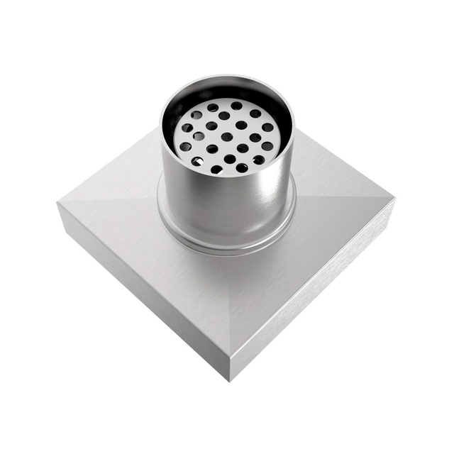 Bottom perspective of square shower drain showing vertical outlet and filter