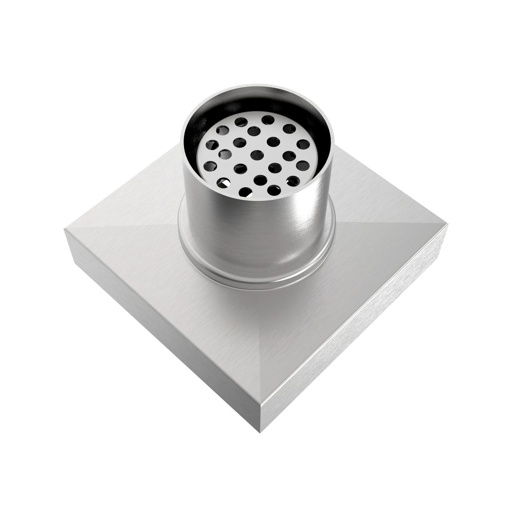 Bottom perspective of square shower drain showing vertical outlet and filter