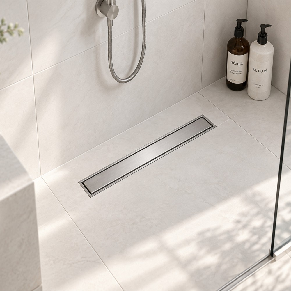 Channel shower drain seamlessly integrated into gray tiled bathroom floor beneath modern showerhead