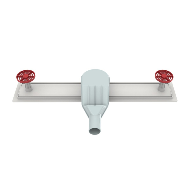Underside base structure of long shower drain with red adjustable leveling feet and horizontal outlet siphon