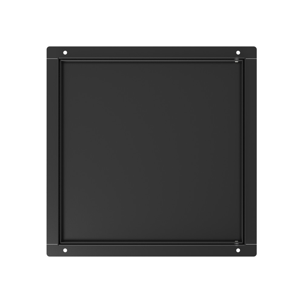 Square black hidden niche featuring a flush closed door for seamless bathroom walls