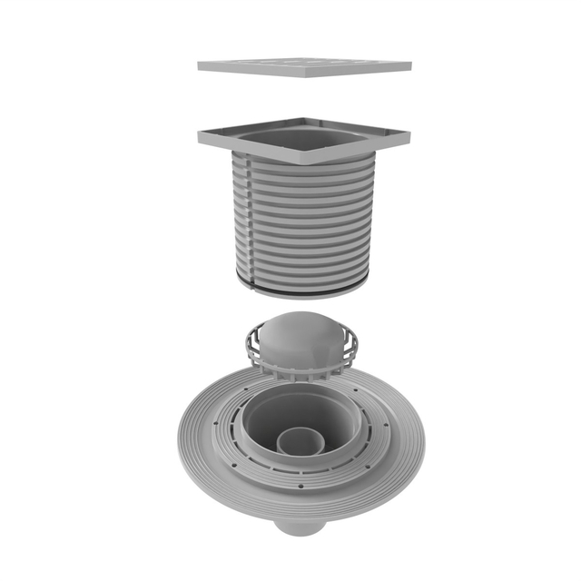 Exploded layout of point shower drain displaying stainless steel grate, removable wet siphon and base flange