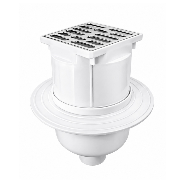 Main white PVC body of the adjustable height shower drain displaying a simple structure