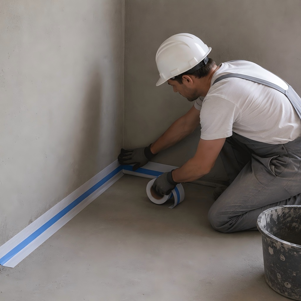 Waterproofing joint tape bathroom corner application process by tiles installer