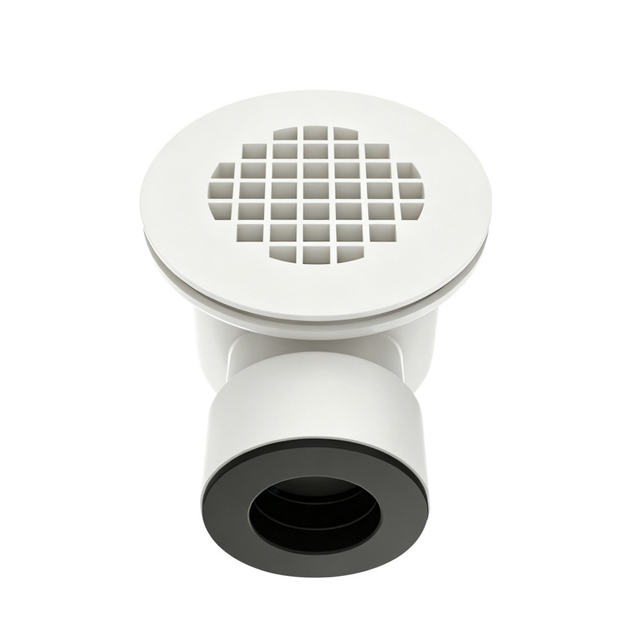 Perspective view of round PVC shower floor drain with removable anti-odor siphon